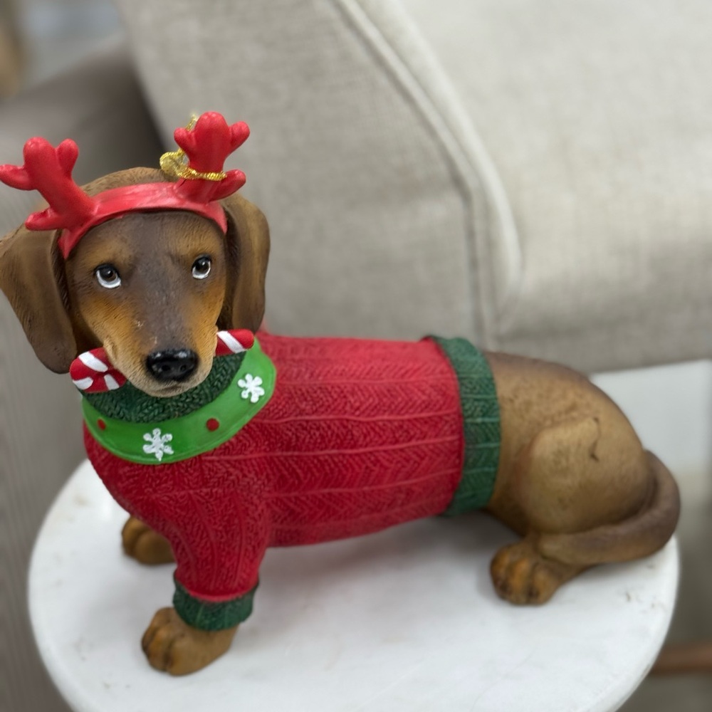 Festive Dog Figurine with Red Sweater and Antlers
